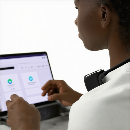 Person using wearable health devices and laptop for virtual health management.