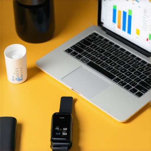 Personal Wellness Tools Setup An organized workspace featuring health monitoring devices, computer displaying health data, and lab results on paper.