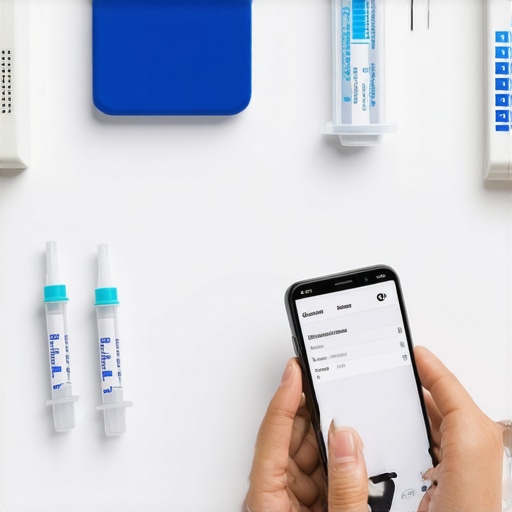Personal health management tools in use A person checking health tracking app on a tablet with lab test kits nearby.