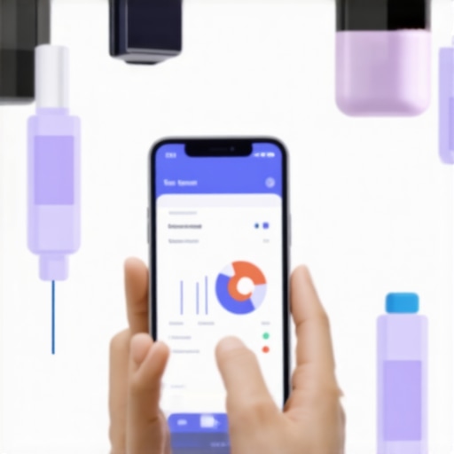 A person reviewing health data on a smartphone with wearable devices and lab test reports on a table.