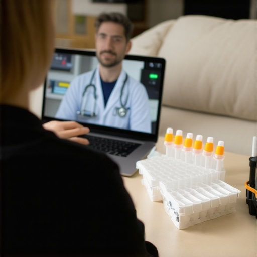 Person having a remote medical consultation with a healthcare provider on a laptop at home using lab test kits.