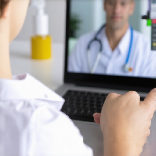 Remote Telehealth Consultation for Travel Vaccinations Person consulting with doctor via laptop about travel vaccinations, with medical records nearby.