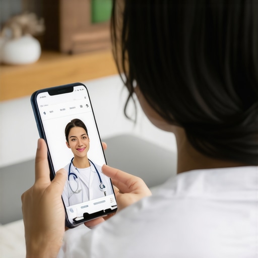 Person engaging in a virtual doctor appointment via smartphone in a cozy living room.