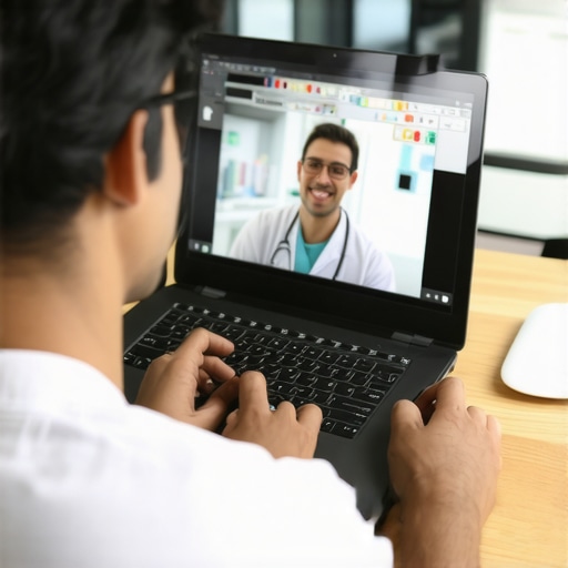 Individual engaging in a telehealth appointment on a laptop