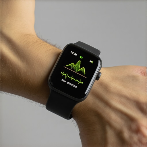 A close-up of a smartwatch showing health and biometric data on a person's wrist.