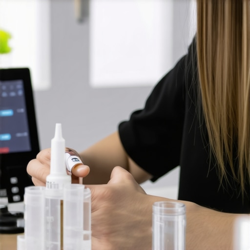 Person collecting a blood sample using a home testing kit with a smartphone nearby