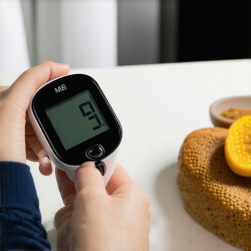 Person checking blood sugar levels after a healthy breakfast in the morning, emphasizing wellness