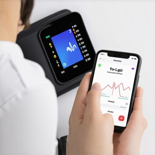 Person recording blood pressure readings on smartphone for monitoring health
