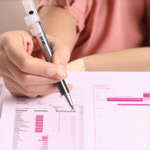 Person analyzing blood test results with a pen and medical report