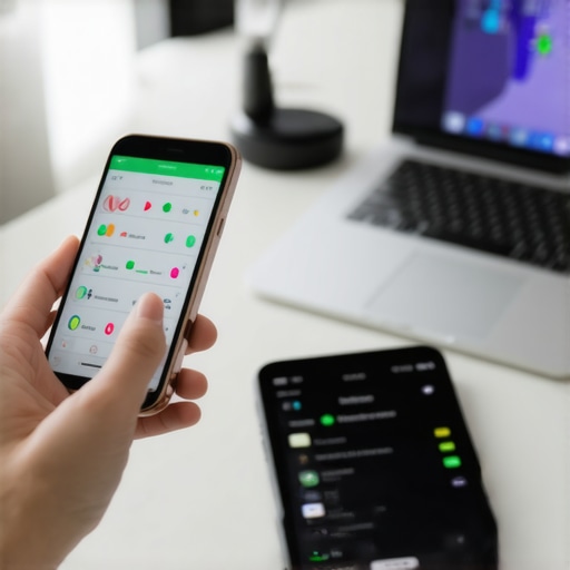 Person monitoring health data on smartphone and laptop with medical devices.