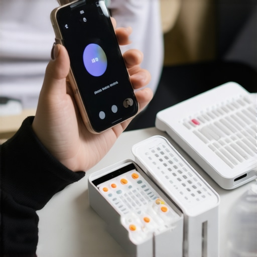 Digital Health and At-Home Testing Tools Person reviewing health data on their phone with testing kits nearby.