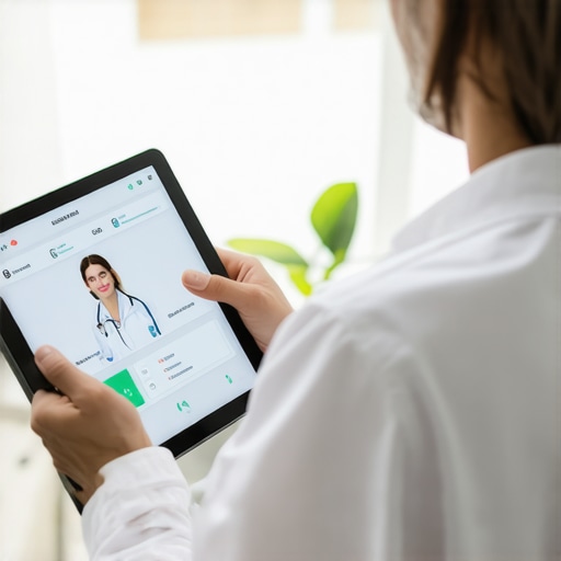 Digital Lab Management Person using a tablet for telehealth and lab result access