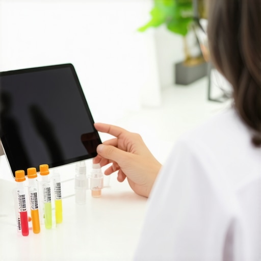 Person working on digital health dashboard with lab test samples at home