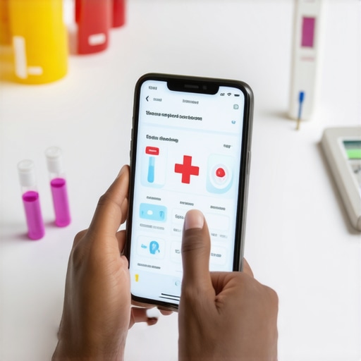 Digital health monitoring tools for wellness Person reviewing health data on a smartphone with lab test tubes nearby.
