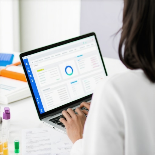 Person managing health treatments via computer with lab reports and health app