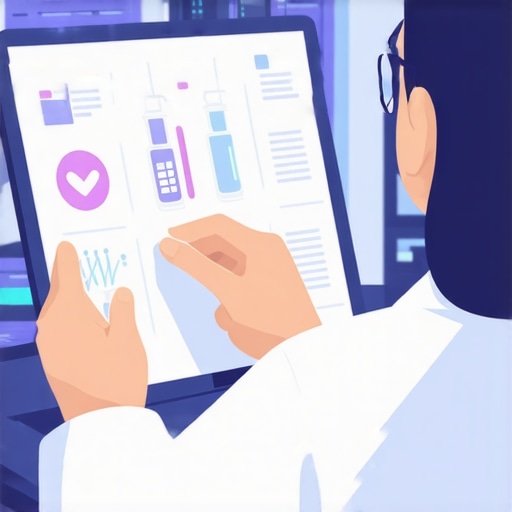 Healthcare professional reviewing complex lab results on a tablet with vaccine and telehealth icons.