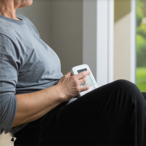 Person seated at home properly measuring blood pressure with a digital device.