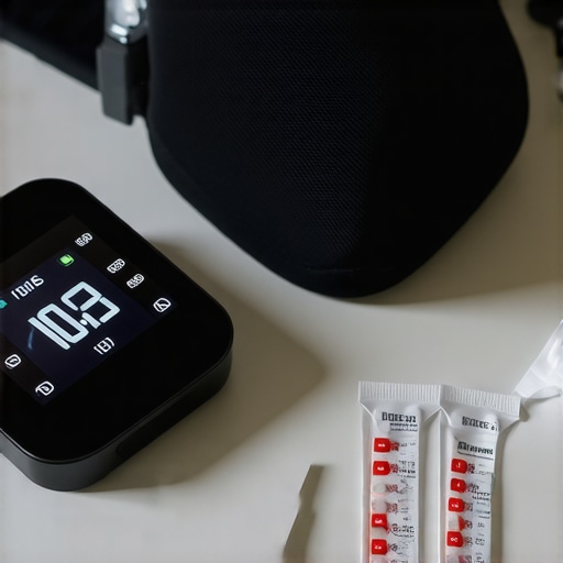 Home Wellness Tools for Long-Term Health Management A collection of health monitoring devices including a blood pressure cuff, fitness tracker, and lab test kits on a modern kitchen counter.