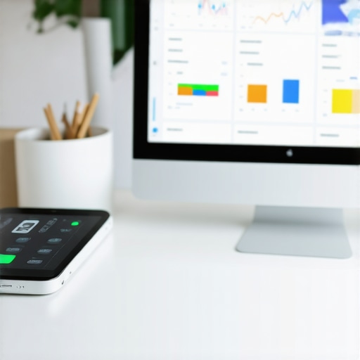 Integrating Tech for Better Wellness Management A workspace with wearable health devices, a laptop showing health data, and telehealth platform interfaces.