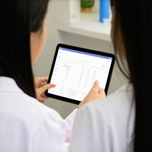 Doctor analyzing digital lab results with patient in clinic