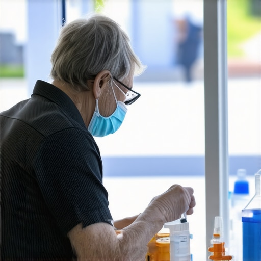 A person getting vaccinated outdoors during late afternoon