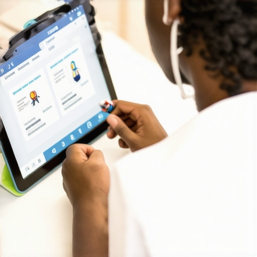 Parent using tablet to review child's vaccination records during a telehealth appointment