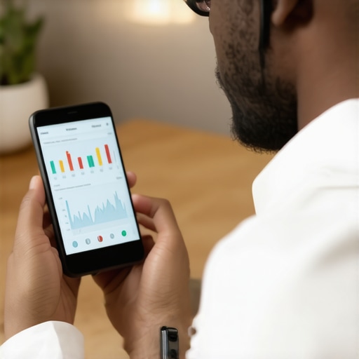 Individual checking health metrics on smartphone with smartwatch and sleep tracker in a home setting.