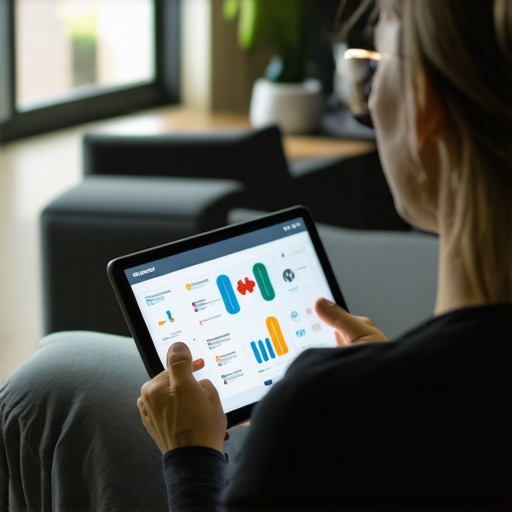 Individual reviewing health results on tablet with digital charts and records.