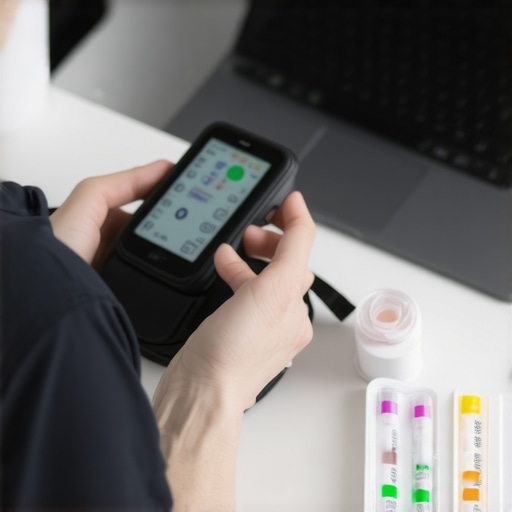 Personal Wellness Monitoring Tools Individual checking blood pressure and tracking health data with digital devices in a wellness space.