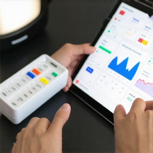 At-home health testing kits, digital health apps, and telehealth consultation on a tablet.