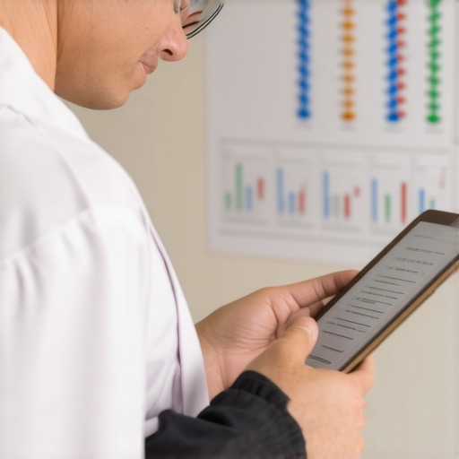 Doctor analyzing lab results and vaccination schedules on a tablet.
