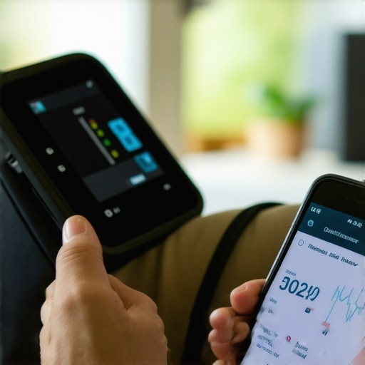 Person using a Bluetooth blood pressure monitor connected to a smartphone for health tracking.