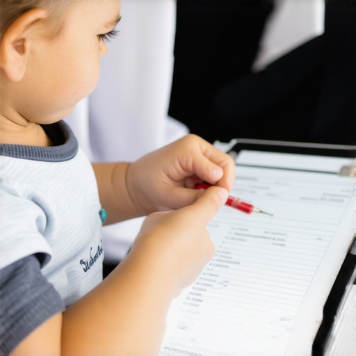 Parent and doctor discussing child's immunization records on a tablet.