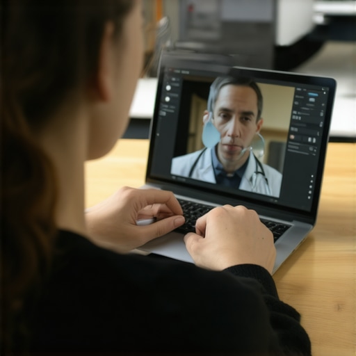 Self-Examination for Sinus Tenderness During Telehealth Person pressing their cheeks to check for sinus tenderness during a virtual medical appointment.