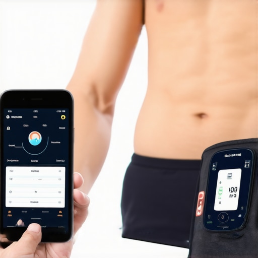 Person checking blood pressure with a digital monitor connected to smartphone