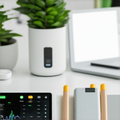 Streamlining Wellness with Tech Tools Home office setup with digital health devices and monitors.