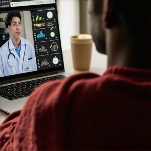 Telehealth Consultation and Wellness Monitoring Person engaging in a virtual health consultation using a laptop with medical data on screen.