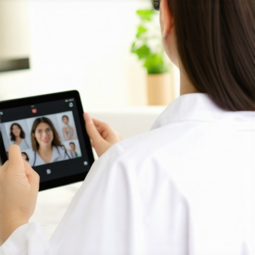 A person having a virtual doctor appointment on a tablet from living room