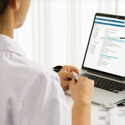 Person consulting with a doctor via laptop, reviewing medical documents and lab results