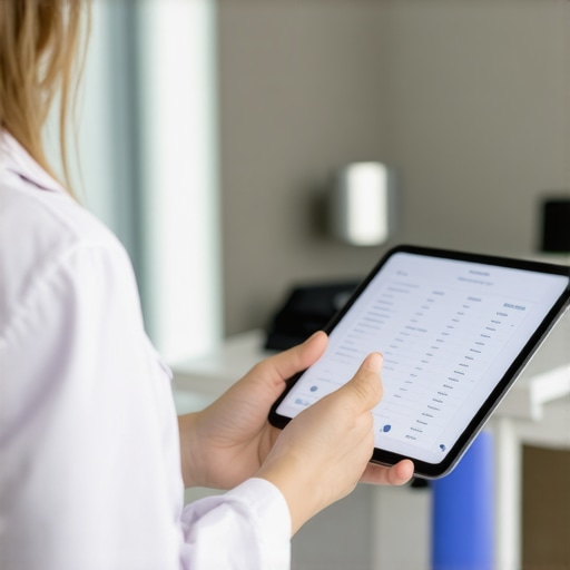 Telehealth Lab Review A healthcare professional discussing lab results with a patient via telehealth on a tablet.