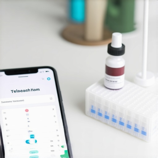 Smartphone displaying telehealth consultation app next to at-home lab testing kit on a desk