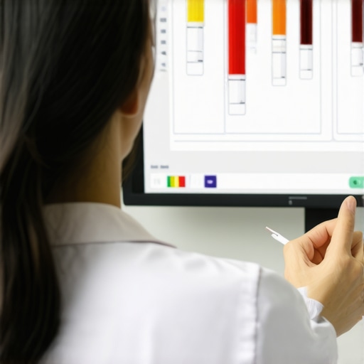 An individual discussing lab results with a doctor online using a laptop.