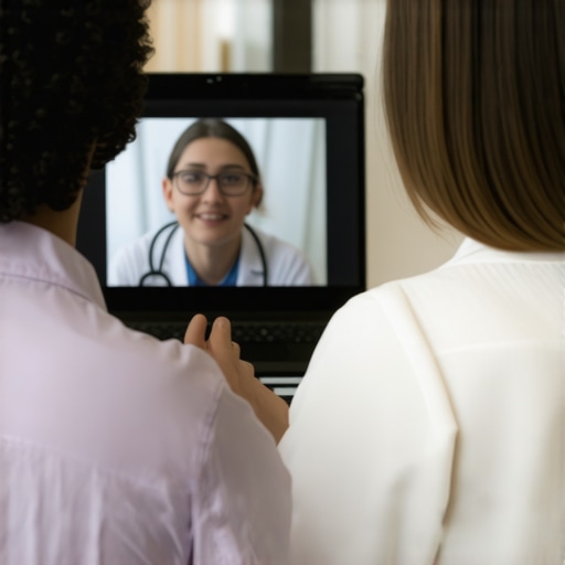 Person engaging in a telehealth appointment on a laptop with a healthcare provider