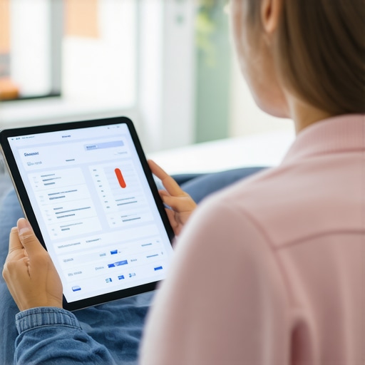 Person in casual clothing using tablet for telehealth consultation to discuss lab results.