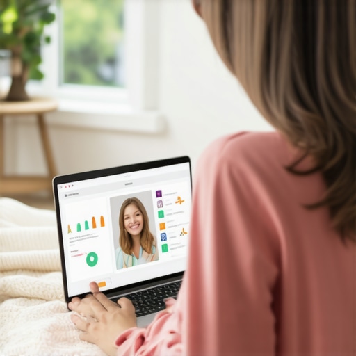 Parent and child engaging in a telehealth appointment using a laptop from home.