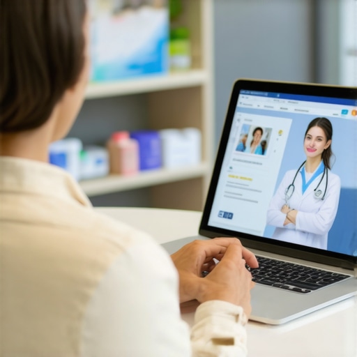 Person on a video call with a doctor on a laptop, managing medication refill from home.