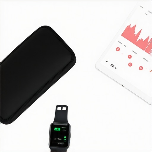 A digital health station showing wearable devices and data analysis for wellness management.
