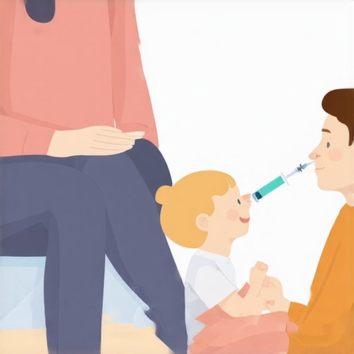 Child and parent practicing breathing exercises to reduce vaccination anxiety.