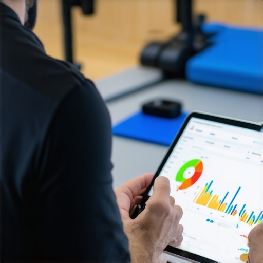 Connected Health Devices in Action Person monitoring health data on a tablet while wearing a fitness tracker at home.