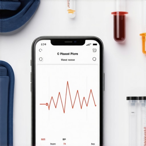 A collection of images showing a smartphone app, a person measuring blood pressure, a doctor on a video call, and lab test samples.